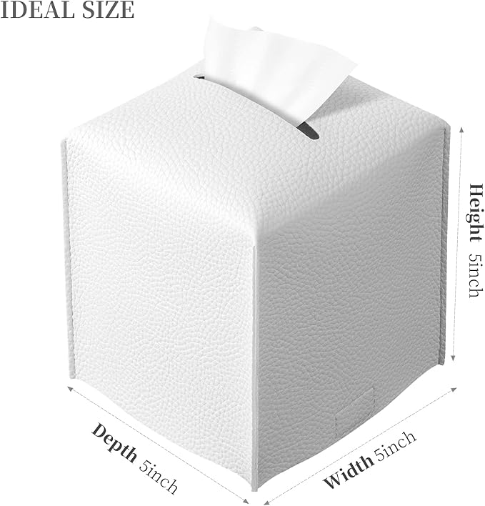 REGELETO 2 Pack Off-White Tissue Box Cover, Pu Leather Square Tissue Box Holder with Bottom Belt Modern Stylish Tissue Box Organizer for Home, Car, Hotel, Office 5"X5"X5" (Off-White-2Pack)