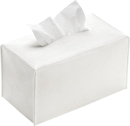 REGELETO Rectangular Tissue Box Cover, Pu Leather Rectangle Tissue Box Holder with Bottom Belt Modern Stylish Tissue Box Organizer for Home, Car, Hotel, Office 9.5"X5"X5" (Off-White)