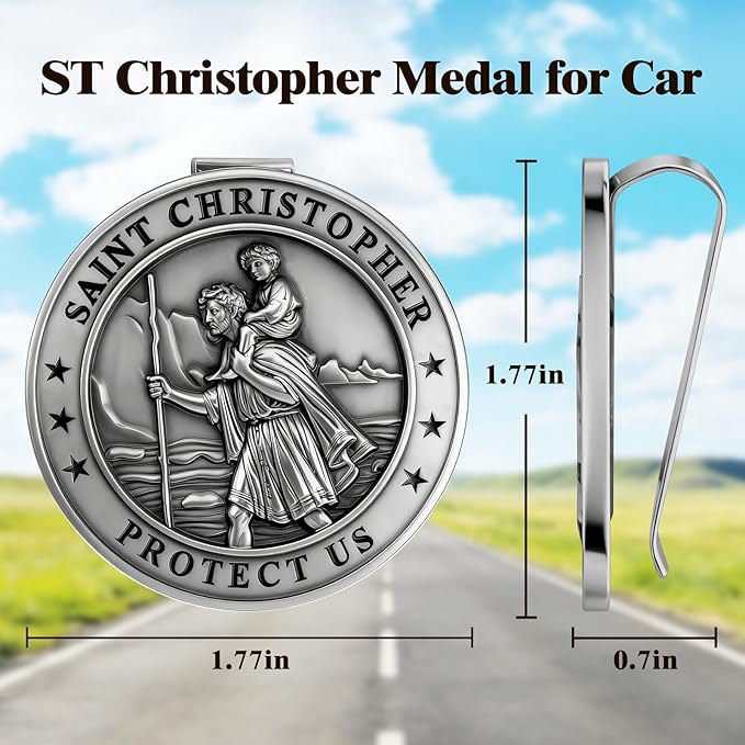 St Christopher Medal for Car 2 Pack, Metal Saint Christopher Visor Clip, Talisman for Safety, Automotive Visor Accessories, Gift for Drivers, Families, Friends