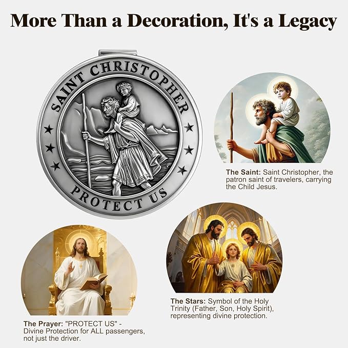 St Christopher Medal for Car 2 Pack, Metal Saint Christopher Visor Clip, Talisman for Safety, Automotive Visor Accessories, Gift for Drivers, Families, Friends