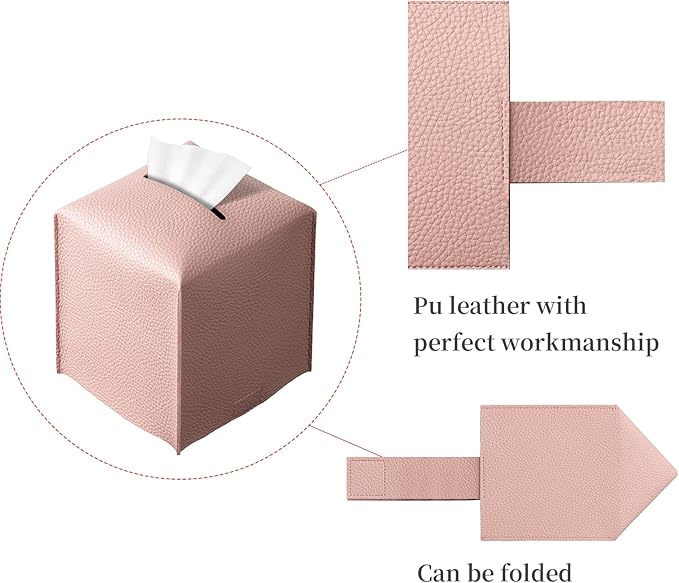 REGELETO Square Tissue Box Cover, Pu Leather Tissue Box Holder with Bottom Belt Modern Stylish Tissue Box Organizer for Bathroom, Bedroom, Hotel, Office Desk 5"X5"X5"-Pink