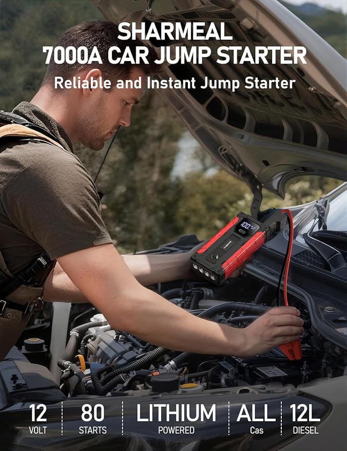 Sharmeal Car Jump Starter 7000A, Jump Starter Battery Pack with PD 30W Quick Charger, 12V Portable Jump Box (for All Gas and 12.0L Diesel) with 4 LED Light