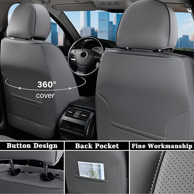 Coverado Car Seat Cover Full Set, Front and Back Seat Covers for Cars, 5 Seats Luxury Leather Seat Covers, Waterproof Car Seat Protectors, Driver Seat Cushions Fit for Most Vehicles, Gray