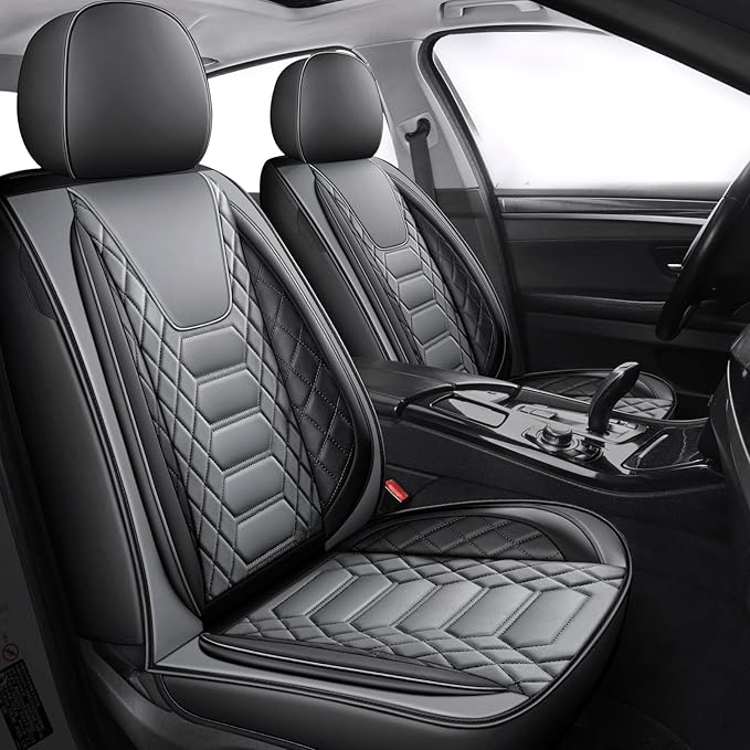 FREESOO Car Seat Covers Leather Seat Cover Full Set Automotive Seat Cover Protector Accessories Airbag Compatible Universal Fit for 5 Seats Black Grey