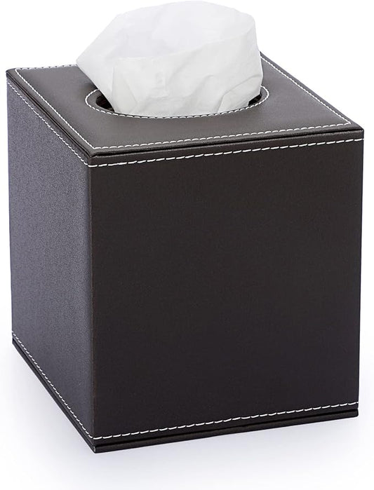 Sumnacon Square Leather Tissue Box Cover - Stylish Cube Tissue Box Holder with Magnetic Bottom, Decorative PU Tissue Box for Vanity Dresser Night Stand Table Countertop Home Office Car, Brown