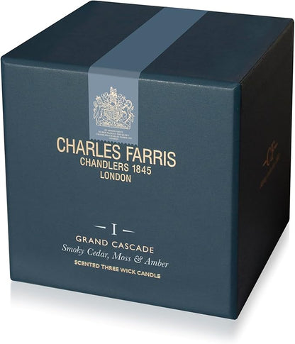 Charles Farris Luxury Scented Candle – 3 Wick, Hand-Poured, Long Lasting, Clean Burning, 640g / 22.5oz, Up to 80 Hours of Burn Time, Made in England – Smokey Cedar, Moss & Amber – Grand Cascade