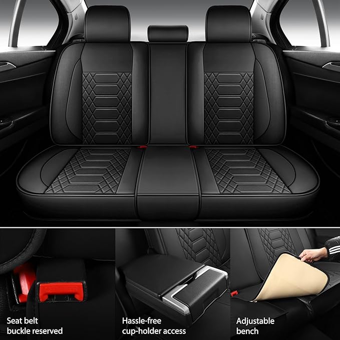 FREESOO Car Seat Covers Leather, Seat Cover Full Set Waterproof Automotive Cushion Protector Accessories Airbag Compatible Universal Fit for 5 Seats Vehicle (Black 8)