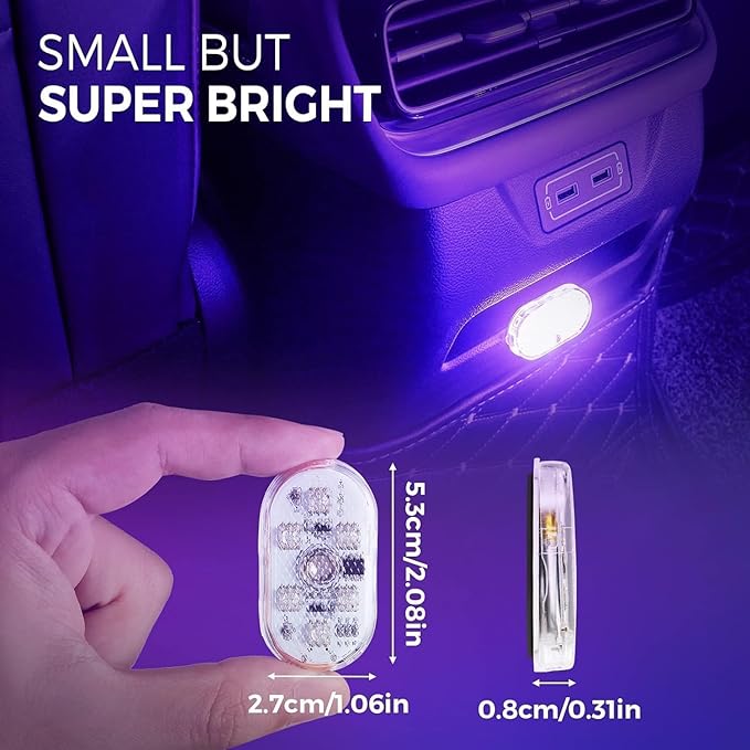 4Pcs Car LED Lights Interior Wireless, 7 Colors Interior Car Lights with 6 Bright LED Lamp Beads, Portable USB Rechargeable Car Interior Led Night Light for Car Decor