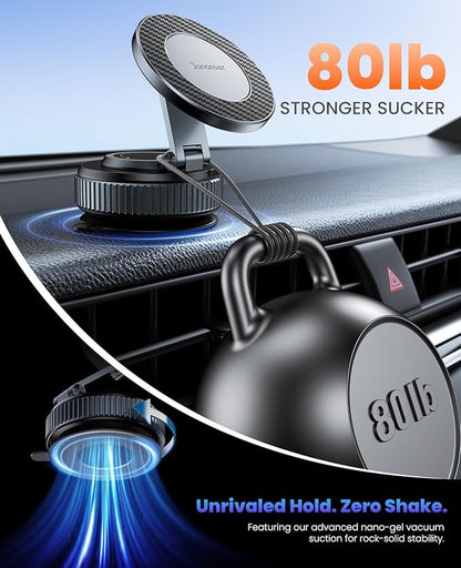 Suction Phone Mount for Car Dashboard/Windshield - 360°Adjustable Magnetic Phone Holder for Car, Foldable Car Phone Holder for iPhone 17/16/15/14/13/12 Series (Carbon Fiber & Aluminum Alloy)