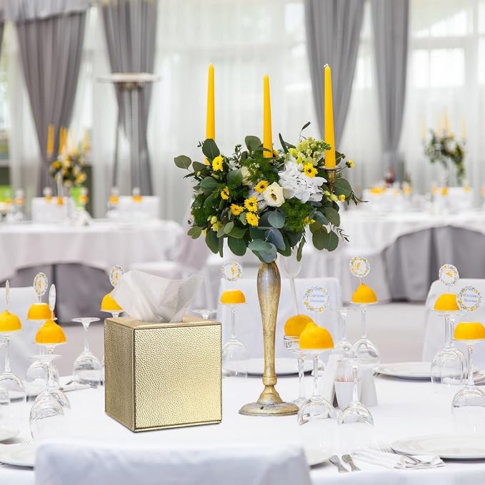 Sumnacon Tissue Box Cover Square Tissue Box Stylish PU Tissue Box Holder with Magnetic Bottom, Leather Cube Tissue Cover for Living Room Bathroom Bedroom Table Desk Home Office Car, Gold