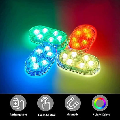 4Pcs Car LED Lights Interior Wireless, 7 Colors Interior Car Lights with 6 Bright LED Lamp Beads, Portable USB Rechargeable Car Interior Led Night Light for Car Decor