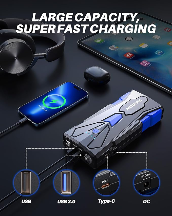 AUTOONE 6000A Car Battery Jump Starter Up to All Gas & 12L Diesel Engine, Car Battery Jumper Starter Portable 12V Jump Box with USB Output, Storage Case, LED Flashlight