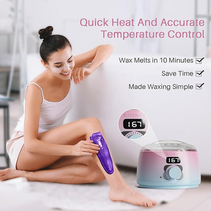 BLITZWAX Brazilian and Bikini Waxing Kit for Women, Hard Wax Warmer for Face, Legs and Body, At Home Hair Removal Kit, Beginner Friendly, Quick Heating, Pink and Blue Gradient Color