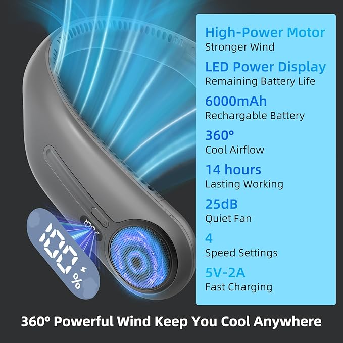 Portable Neck Fan,Hands Free Personal Wearable Bladeless Fan,6000mAh USB Rechargeable,360° Cooling,LED Display,4-Speeds,Birthday Gifts for Men Women Dad Mom,Valentines Day Gifts (Dark grey)