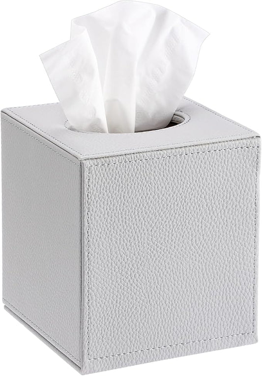 Sumnacon Tissue Box Cover Square Tissue Box Stylish PU Tissue Box Holder with Magnetic Bottom, Leather Cube Tissue Cover for Living Room Bathroom Bedroom Table Desk Home Office Car, Light Grey