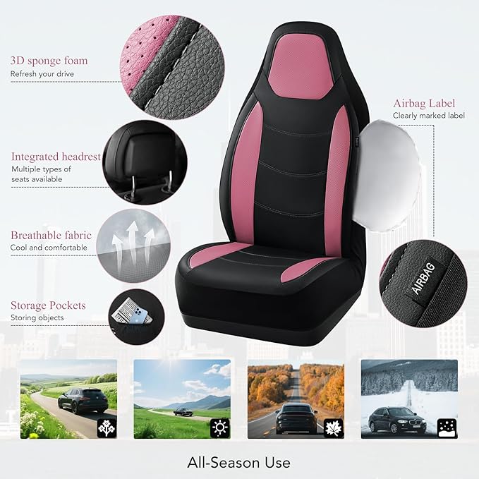 Road Comforts Car Seat Cover, Leather Seat Covers, Automotive High Back Front Car Seat Covers, Airbag Compatible, Universal Fit for Most Cars (Pink)