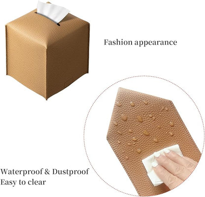 REGELETO Square Tissue Box Cover, Pu Leather Tissue Box Holder with Bottom Belt Modern Stylish Tissue Box Organizer for Bathroom, Bedroom, Hotel, Office Desk 5"X5"X5"