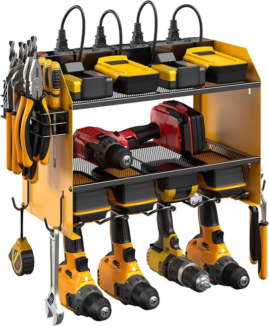 CCCEI Modular Power Tool Organizer Wall Mount with Charging Station. Garage Drill Storage Shelf with Hooks, Heavy Duty Rack, Tool Battery Holder Built in 8 Outlet. Gift for Men. Yellow, 1 Pack.