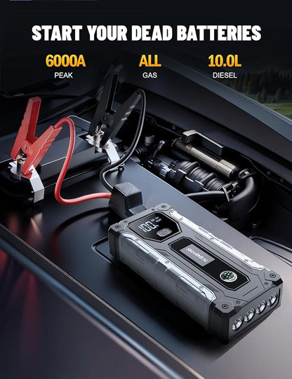Sharmeal Car Battery Jump Starter 6000A, Jump Starter Battery Pack for All Gas and 10.0L Diesel, 12V Portable Jump Box with LED Light