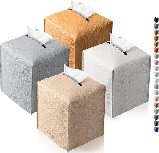 Tissue Box Cover, Tclouda, Modern PU Leather Square Tissue Box Holder for Creative Decorative, 4 Pack, Ideal for Bathrooms/Office/Car/Nightstand/Outdoor Tent, 5"X5"X5", White&Beige&Gray&Claybank