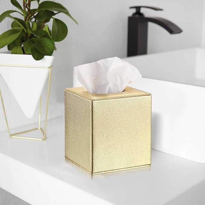 Sumnacon Tissue Box Cover Square Tissue Box Stylish PU Tissue Box Holder with Magnetic Bottom, Leather Cube Tissue Cover for Living Room Bathroom Bedroom Table Desk Home Office Car, Gold