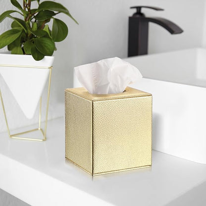 Sumnacon Tissue Box Cover Square Tissue Box Stylish PU Tissue Box Holder with Magnetic Bottom, Leather Cube Tissue Cover for Living Room Bathroom Bedroom Table Desk Home Office Car, Gold