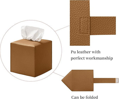 REGELETO Square Tissue Box Cover, Pu Leather Tissue Box Holder with Bottom Belt Modern Stylish Tissue Box Organizer for Bathroom, Bedroom, Hotel, Office Desk 5"X5"X5"