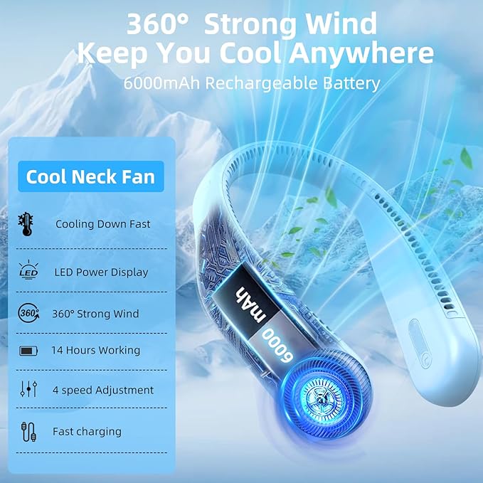 Portable Neck Fan,Hands Free Personal Wearable Bladeless Fan,6000mAh USB Rechargeable,360° Cooling,LED Display,4-Speeds,Birthday Gifts for Men Women Dad Mom,Valentines Day Gifts (Light blue)