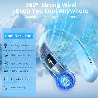 Portable Neck Fan,Hands Free Personal Wearable Bladeless Fan,6000mAh USB Rechargeable,360° Cooling,LED Display,4-Speeds,Birthday Gifts for Men Women Dad Mom,Valentines Day Gifts (Light blue)
