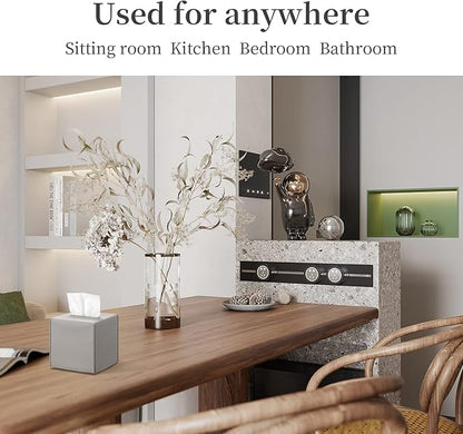 REGELETO 2 Pack Grey Tissue Box Cover, Pu Leather Square Tissue Box Holder with Bottom Belt Modern Style Tissue Box Organizer for Home, Car, Hotel, Office 5"X5"X5" (Grey-2Pack)