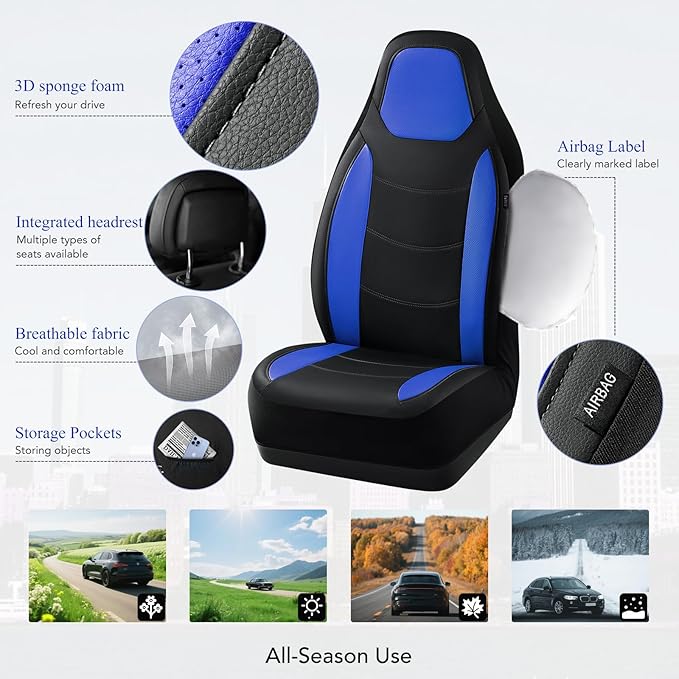 Road Comforts Car Seat Cover, Leather Car Seat Covers, Automotive High Back Front Car Seat Covers, Airbag Compatible, Universal Fit for Most Cars (Blue)