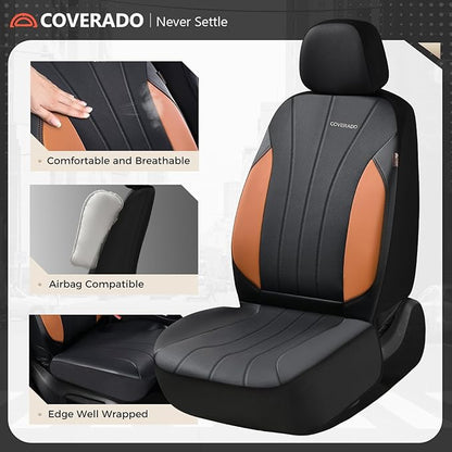 Coverado Car Seat Covers, Luxury Front Seat Covers, Leather Car Seat Protectors, Brown Automotive Seat Covers Universal Fit for SUVs Trucks Sedans