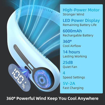 Portable Neck Fan,Hands Free Personal Wearable Bladeless Fan,6000mAh USB Rechargeable,360° Cooling,LED Display,4-Speeds,Birthday Gifts for Men Women Dad Mom,Valentines Day Gifts (Light blue)