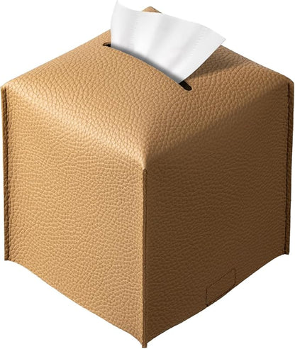 REGELETO Square Tissue Box Cover, Pu Leather Tissue Box Holder with Bottom Belt Modern Stylish Tissue Box Organizer for Bathroom, Bedroom, Hotel, Office Desk 5"X5"X5"