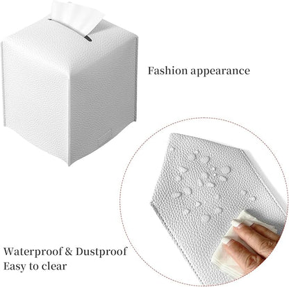 REGELETO 2 Pack Off-White Tissue Box Cover, Pu Leather Square Tissue Box Holder with Bottom Belt Modern Stylish Tissue Box Organizer for Home, Car, Hotel, Office 5"X5"X5" (Off-White-2Pack)