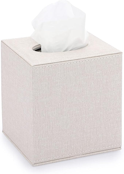 Sumnacon Square Linen Tissue Box Cover - Stylish Cube Tissue Box Holder with Magnetic Bottom, Decorative Tissue Box for Vanity Toilet Tank Dresser Night Stand Table Countertop Office Car, Beige