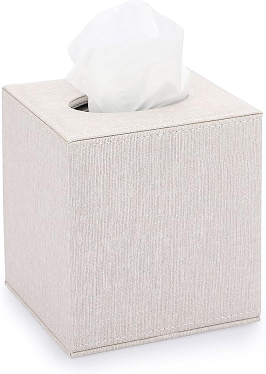 Sumnacon Square Linen Tissue Box Cover - Stylish Cube Tissue Box Holder with Magnetic Bottom, Decorative Tissue Box for Vanity Toilet Tank Dresser Night Stand Table Countertop Office Car, Beige