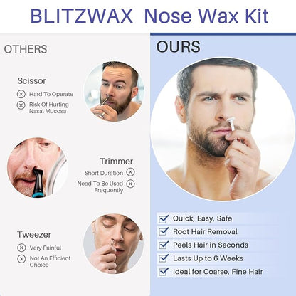 BLITZWAX Brazilian and Bikini Waxing Kit for Men, Hard Wax Warmer for Face, Legs, and Body, At Home Hair Removal Kit, Beginner Friendly, Quick Heating, 30 Nose Wax Sticks