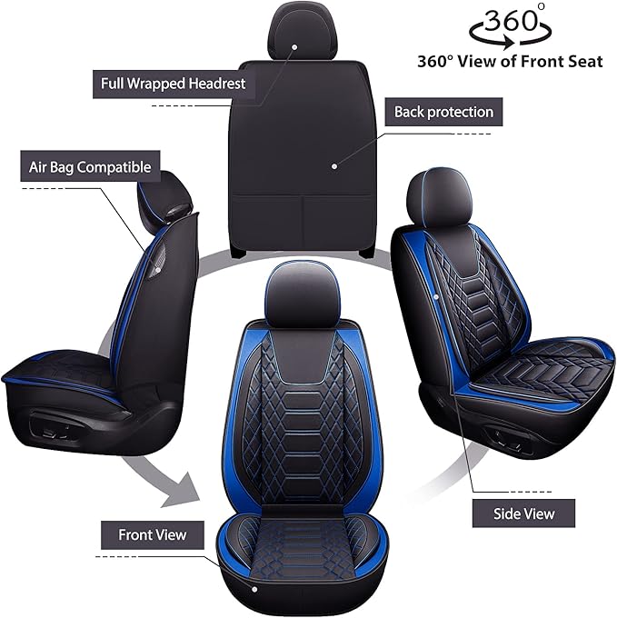 FREESOO Car Seat Covers Front Only 2pcs, Leather Driver Seat Cover Protector Airbag Compatible Universal Fit for Sedan SUV Pick-up Truck Van (Black Blue 8-2PCS)