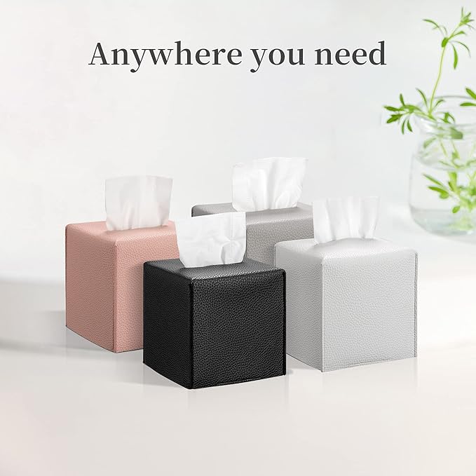 REGELETO Square Tissue Box Cover, Pu Leather Tissue Box Holder with Bottom Belt Modern Stylish Tissue Box Organizer for Bathroom, Bedroom, Hotel, Office Desk 5"X5"X5"-Pink
