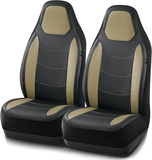 Road Comforts Car Seat Cover, Leather Seat Covers, Automotive High Back Front Car Seat Covers, Airbag Compatible, Universal Fit for Most Cars (Beige)