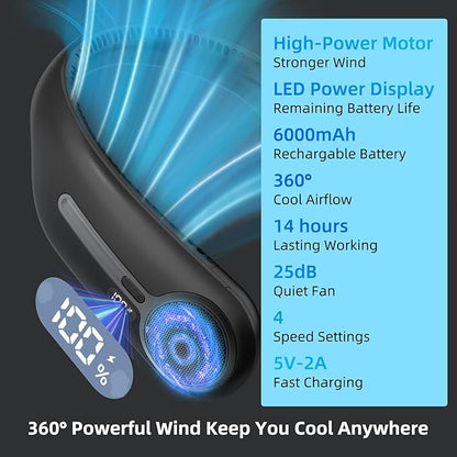 Portable Neck Fan,Hands Free Personal Wearable Bladeless Fan,6000mAh USB Rechargeable,360° Cooling,LED Display,4-Speeds,Birthday Gifts for Men Women Dad Mom,Valentines Day Gifts for Her Him (Black)