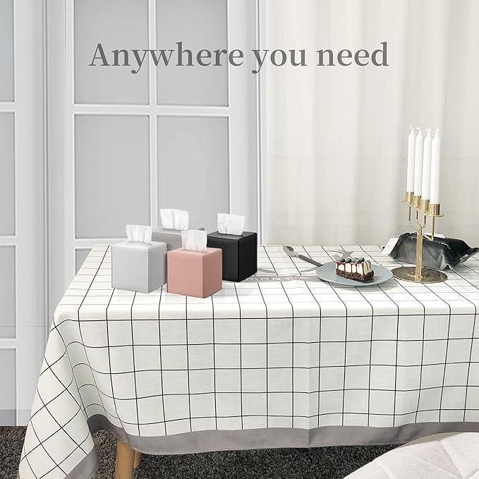 REGELETO 2 Pack Off-White Tissue Box Cover, Pu Leather Square Tissue Box Holder with Bottom Belt Modern Stylish Tissue Box Organizer for Home, Car, Hotel, Office 5"X5"X5" (Off-White-2Pack)