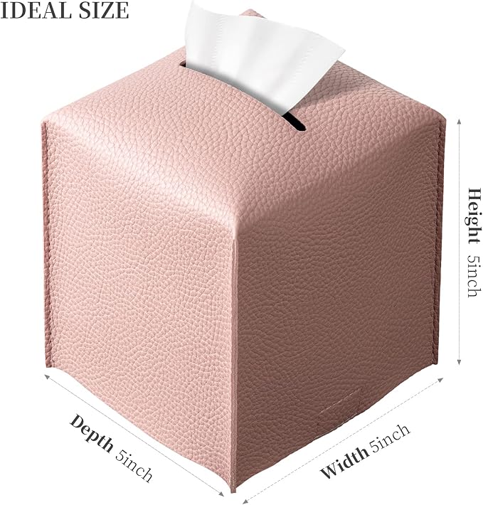 REGELETO Square Tissue Box Cover, Pu Leather Tissue Box Holder with Bottom Belt Modern Stylish Tissue Box Organizer for Bathroom, Bedroom, Hotel, Office Desk 5"X5"X5"-Pink