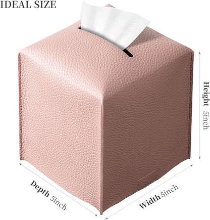REGELETO Square Tissue Box Cover, Pu Leather Tissue Box Holder with Bottom Belt Modern Stylish Tissue Box Organizer for Bathroom, Bedroom, Hotel, Office Desk 5"X5"X5"-Pink
