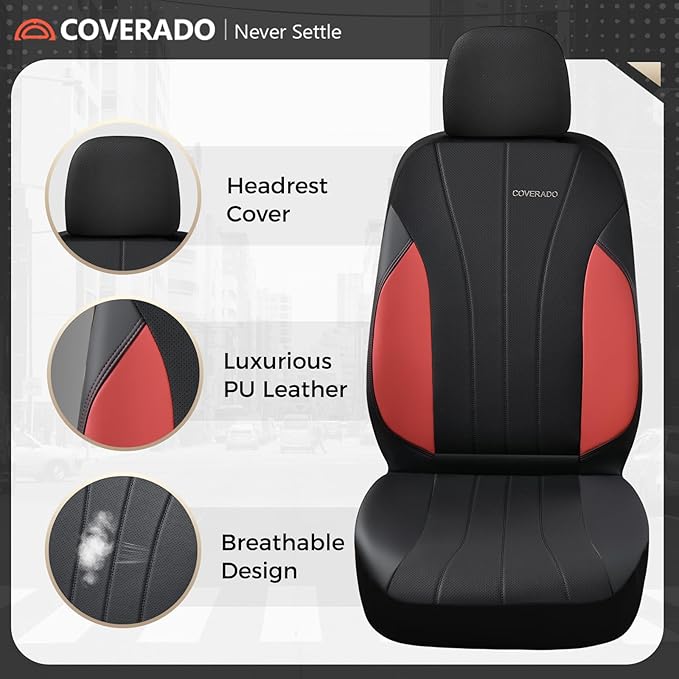 Coverado Seat Covers, Red Car Seat Covers Full Set, Automotive Seat Covers 5 Seats, Waterproof Black Car Seat Protectors Universal Fit for SUVs Trucks Sedans