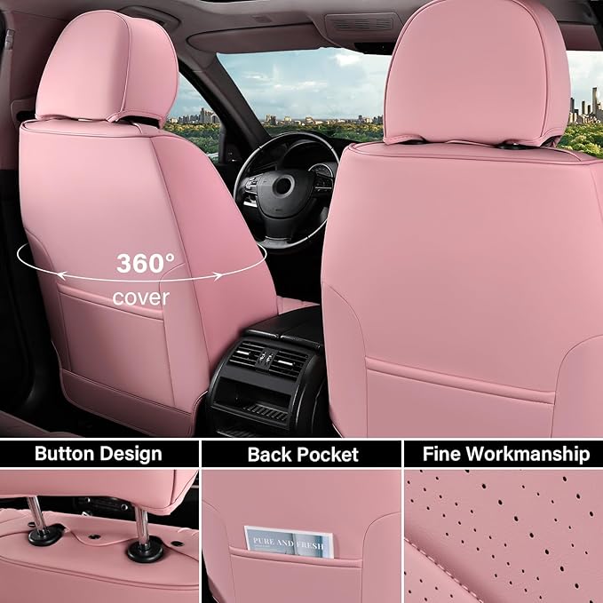 Coverado Seat Covers, Car Front Seat Covers with Backrest, Nappa Leather Car Seat Protectors,Waterproof &Breathable,Anti-Slip Automotive Seat Cushion, Universal Fit for Most Vehicles Pink