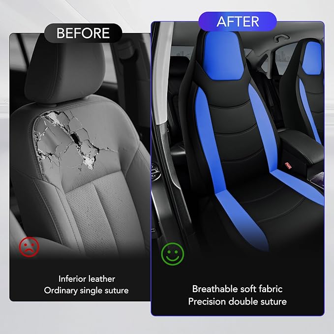Road Comforts Car Seat Cover, Leather Car Seat Covers, Automotive High Back Front Car Seat Covers, Airbag Compatible, Universal Fit for Most Cars (Blue)