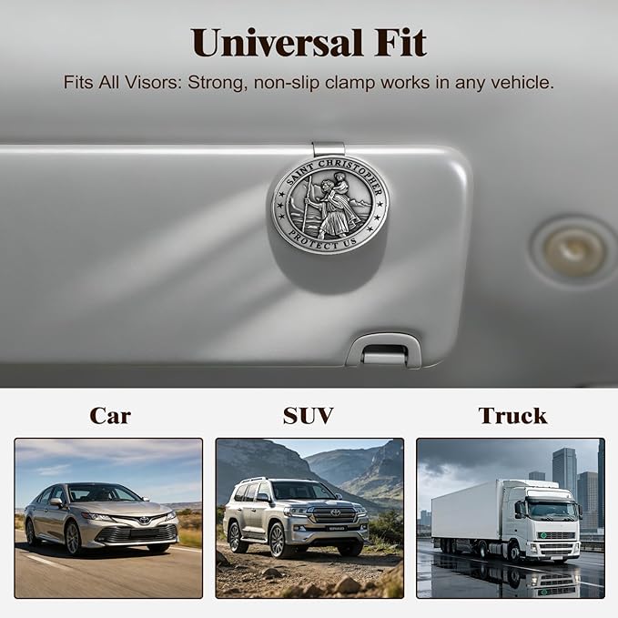 St Christopher Medal for Car 2 Pack, Metal Saint Christopher Visor Clip, Talisman for Safety, Automotive Visor Accessories, Gift for Drivers, Families, Friends