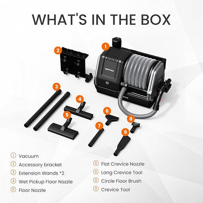 Giraffe Tools Grandstorm Retractable Vacuum Cleaner Wall-Mounted, Shop Wet Dry Vacuum Cleaner with 6 Nozzles for Car Detailing Remote Control Garage Vacuum, Grey